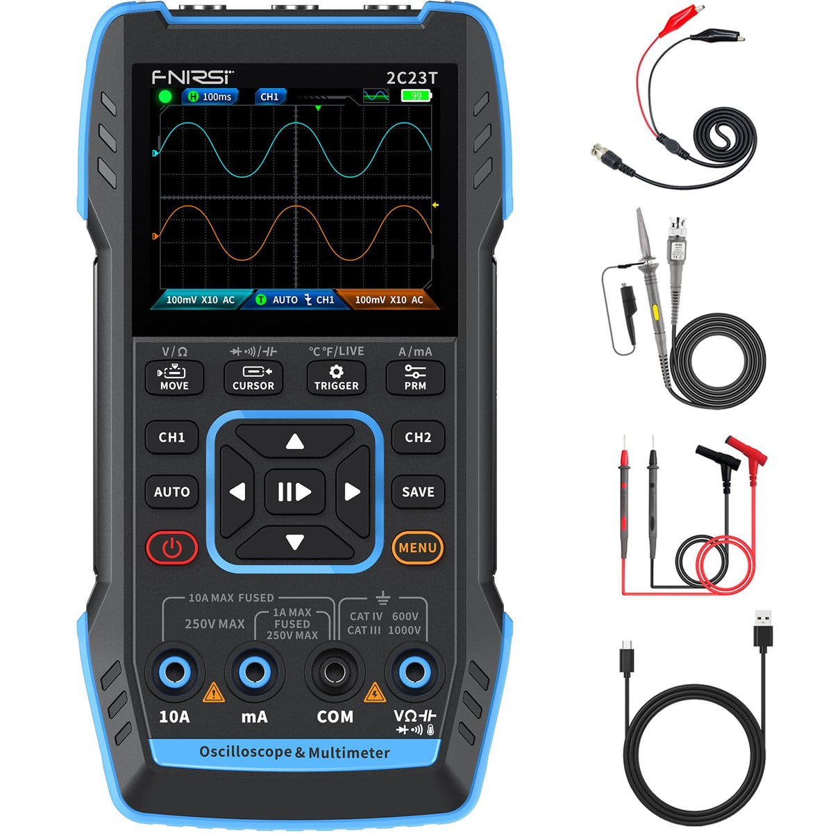 FNIRSI 2C23T dual-channel oscilloscope front view showing clear waveforms for analysis