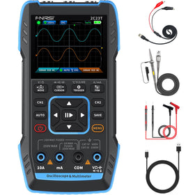 FNIRSI 2C23T dual-channel oscilloscope front view showing clear waveforms for analysis