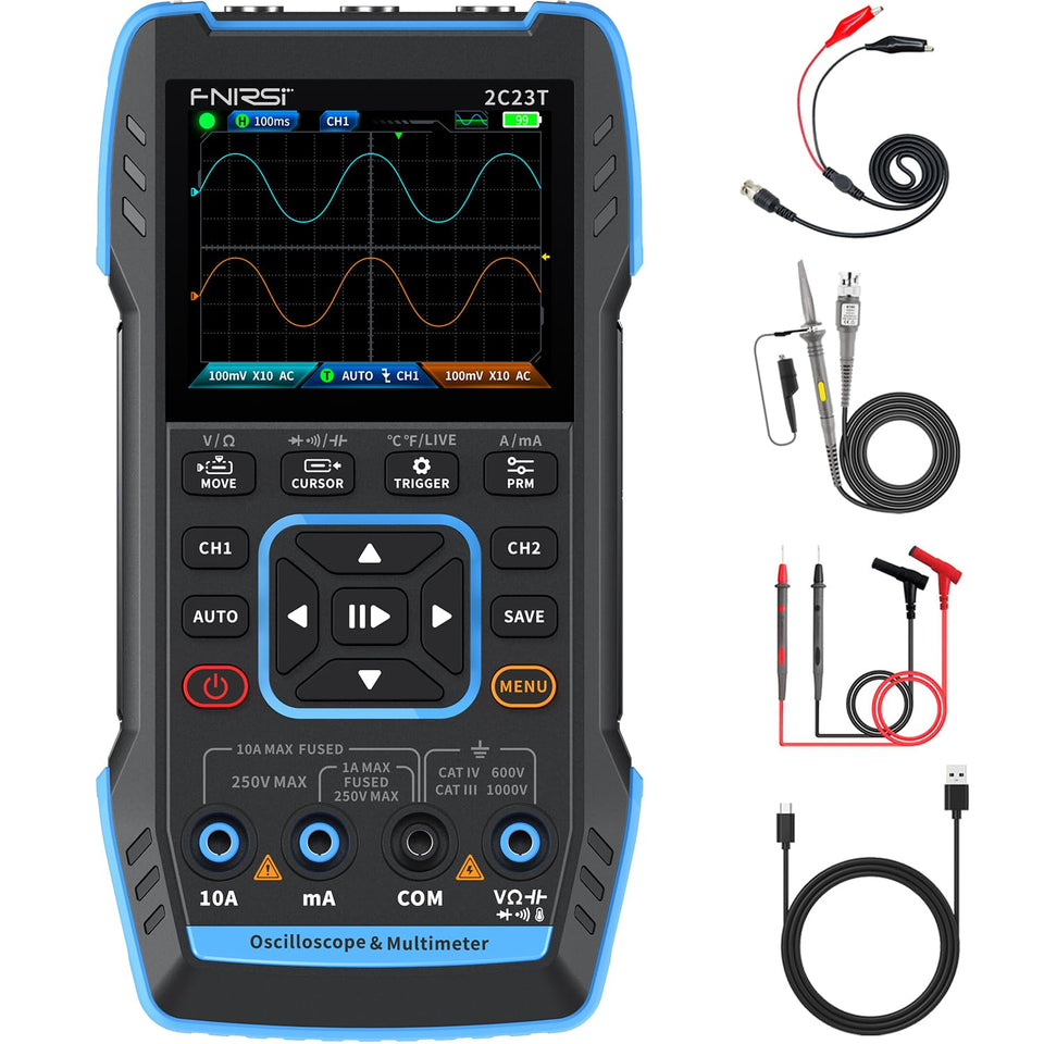 FNIRSI 2C23T dual-channel oscilloscope front view showing clear waveforms for analysis