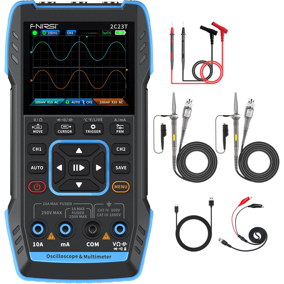 FNIRSI 2C23T oscilloscope display with two channels for quick waveform capture