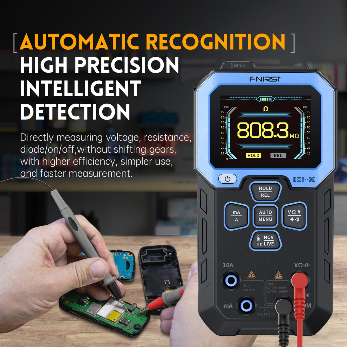 FNIRSI DMT-99 versatile tester measuring voltage, current, and more.