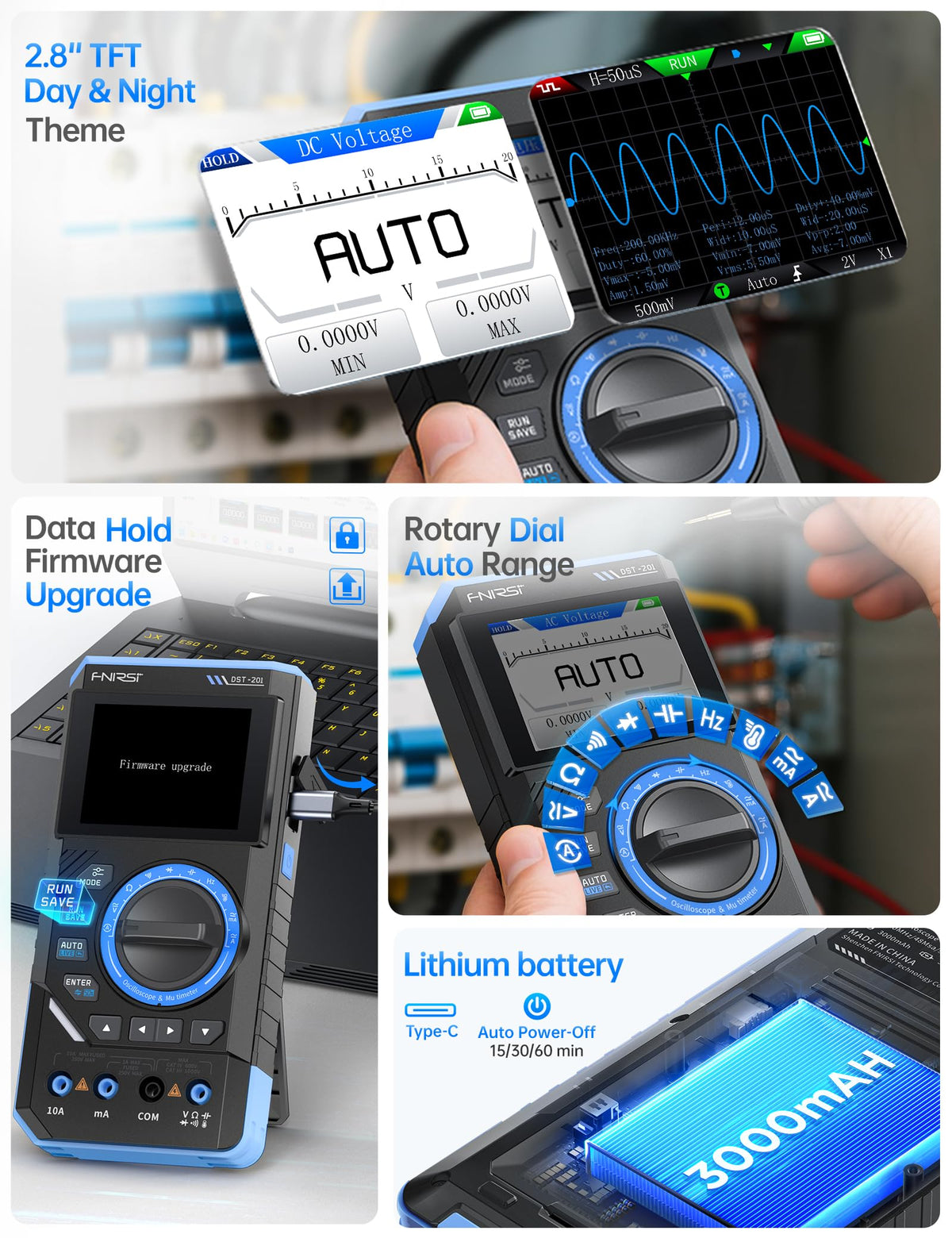 FNIRSI DST-201 color TFT screen with clear readings in varying lighting.