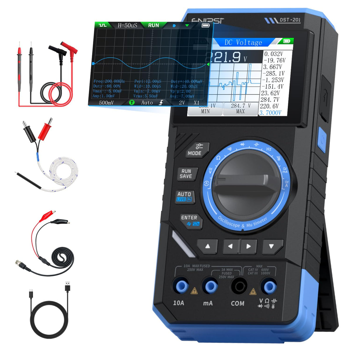 FNIRSI DST-201 front panel display for quick testing.