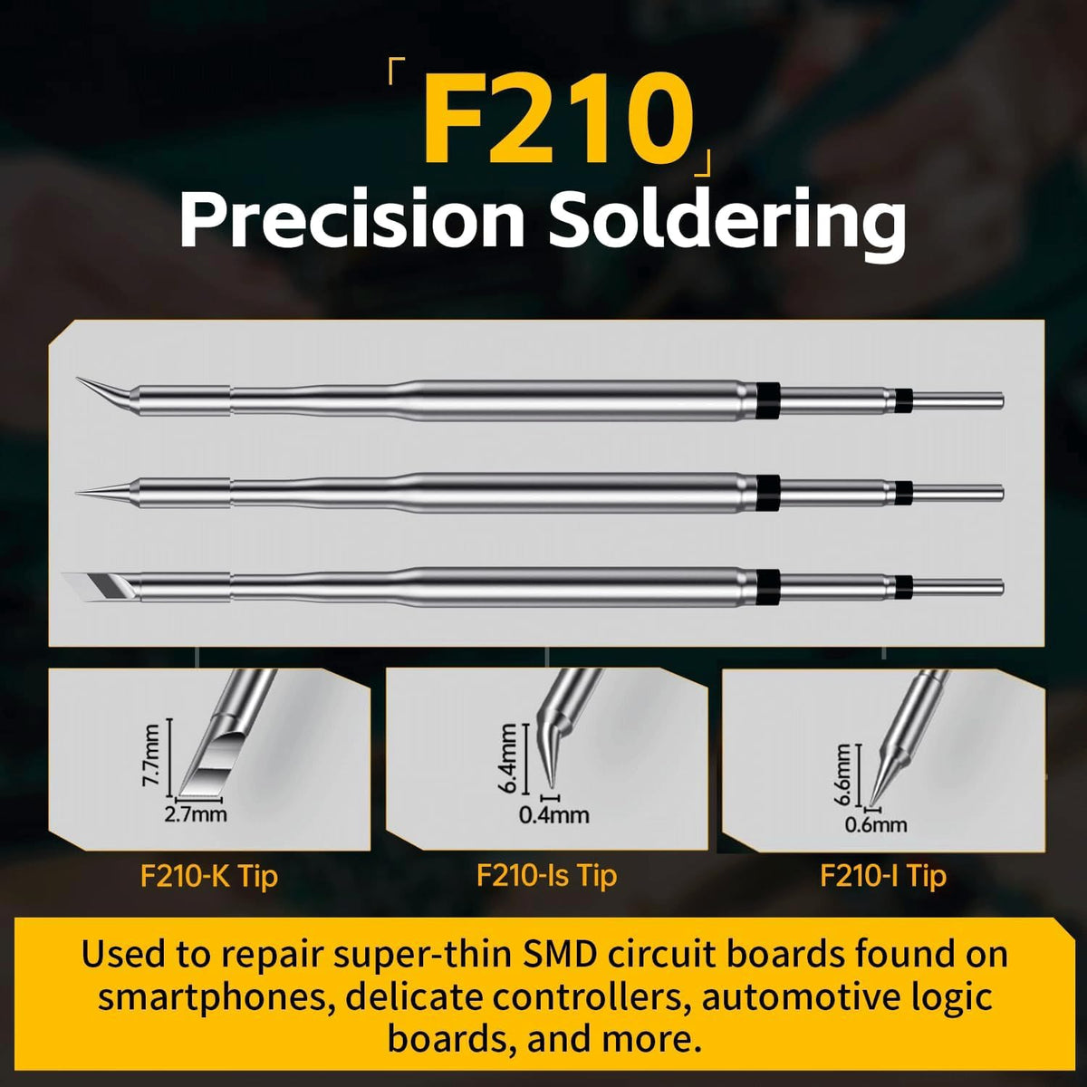 Nine included tips cover SMD and precision projects.