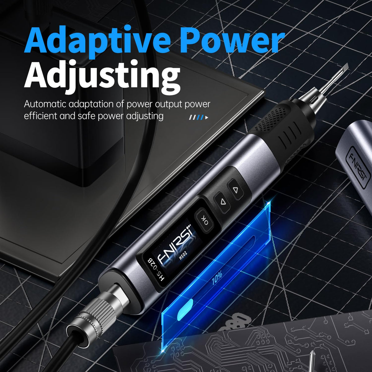 FNIRSI HS02A 100W charger powers the iron for immediate use.