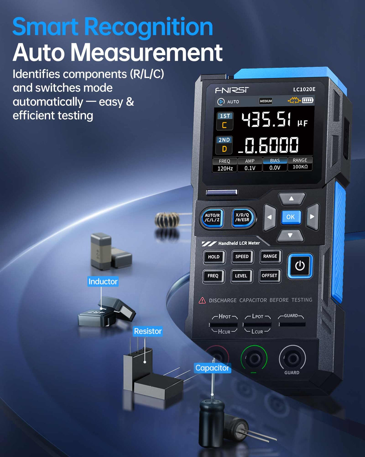 FNIRSI LC1020E dual parameter display enables quick X, D, Q, θ and ESR comparisons.