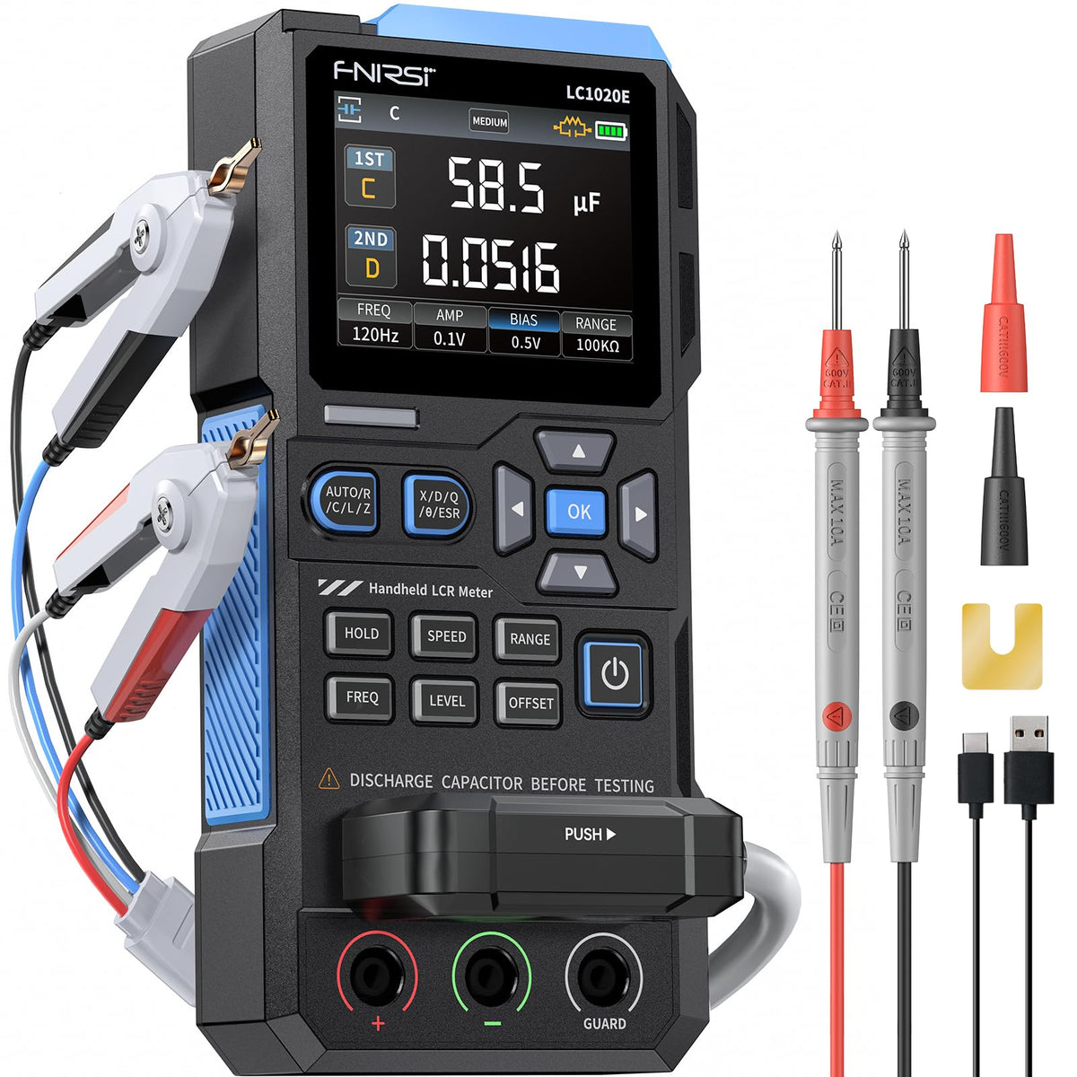 FNIRSI LC1020E front panel for intuitive LCR testing and fast readings.