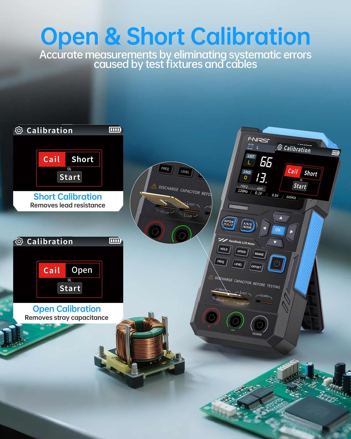 FNIRSI LC1020E 3-pin sockets and 5-slot jacks for precise Kelvin testing.