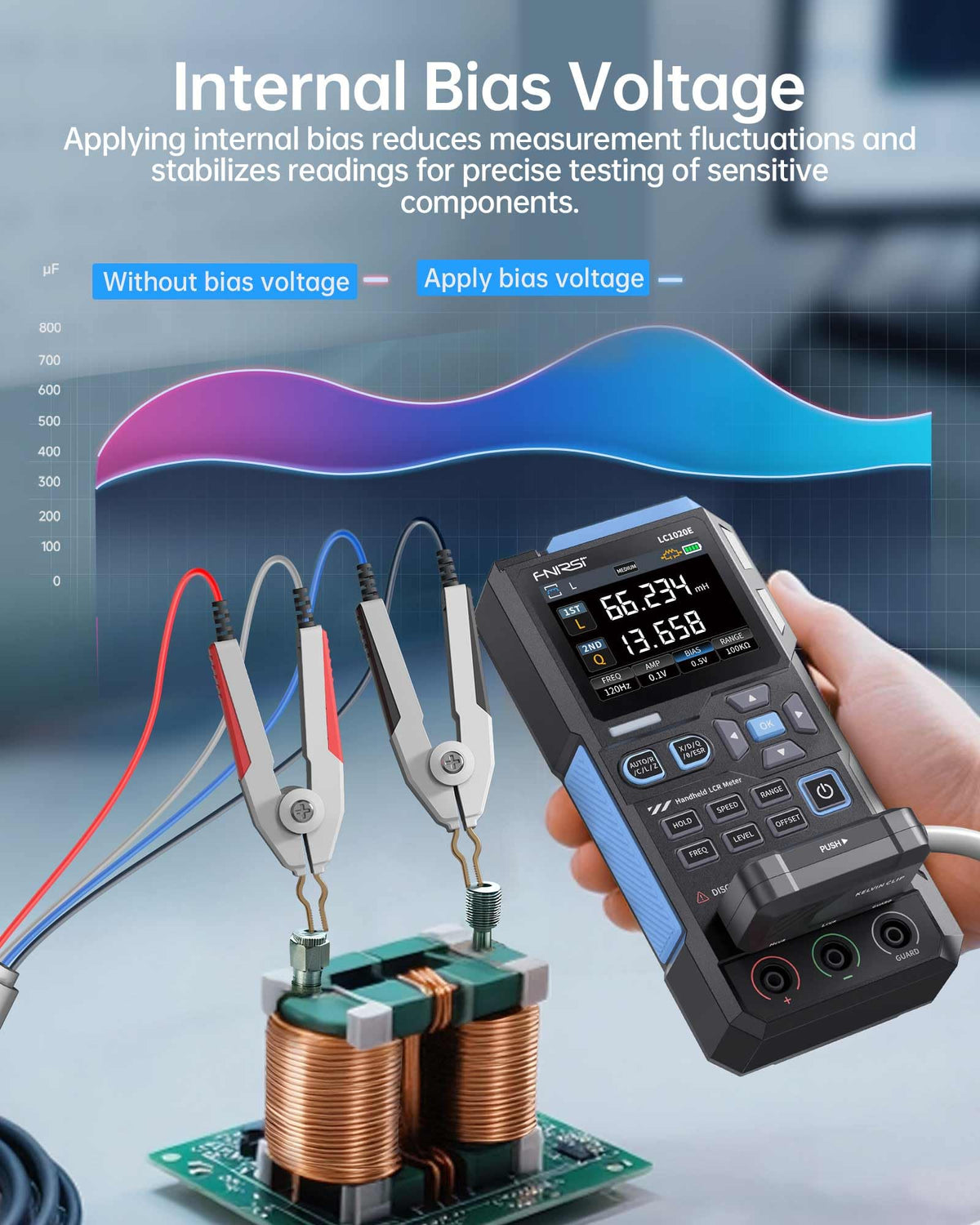 FNIRSI LC1020E adjustable test voltage supports flexible measurements.