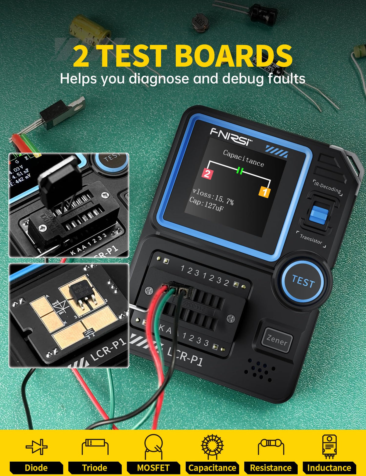 FNIRSI LCR-P1 compact handheld design ready for on-site testing