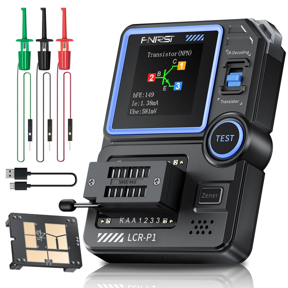 FNIRSI LCR-P1 transistor tester front view for portable field use