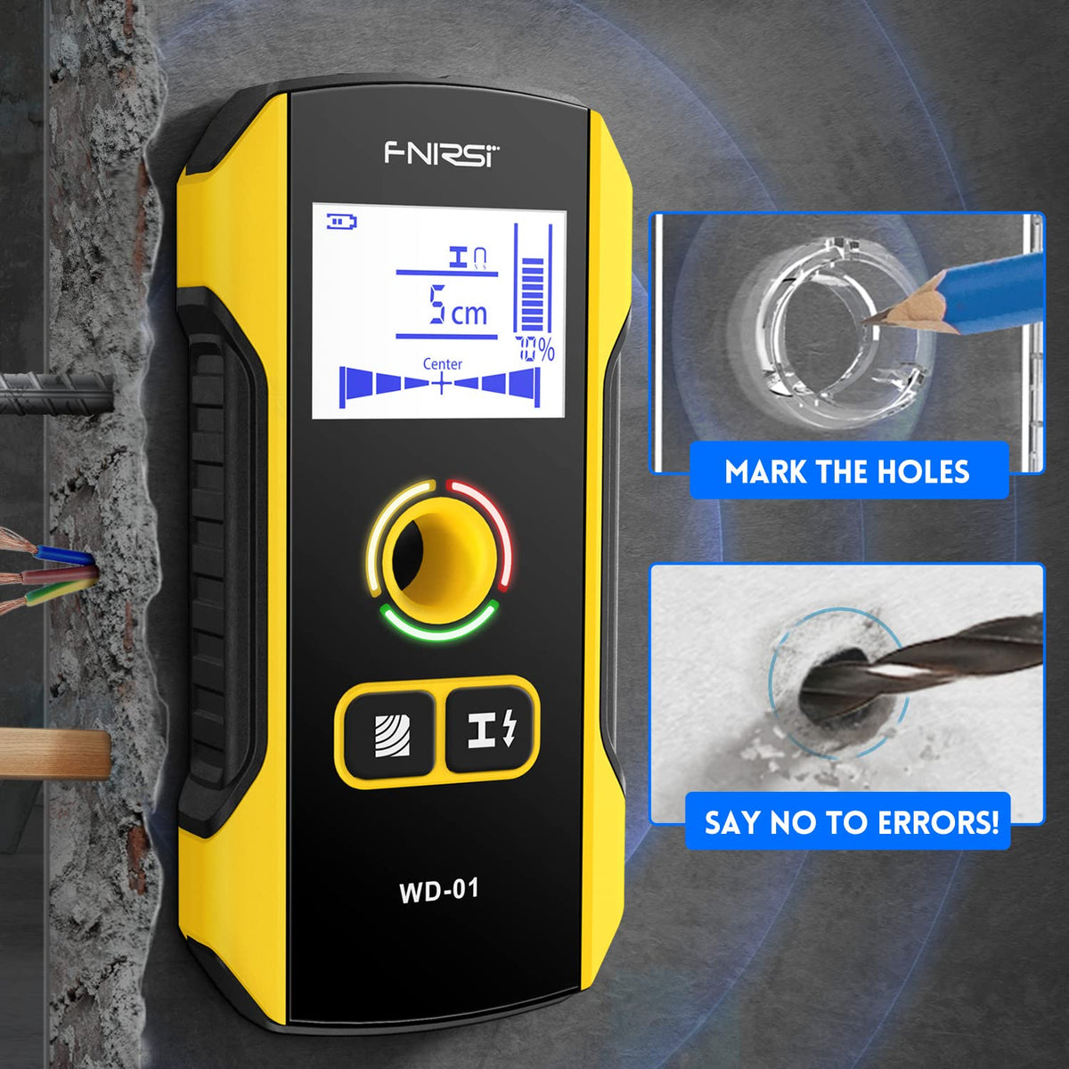 FNIRSI stud finder depth scan up to 1.5 inches confirms center and edges for quick mounting
