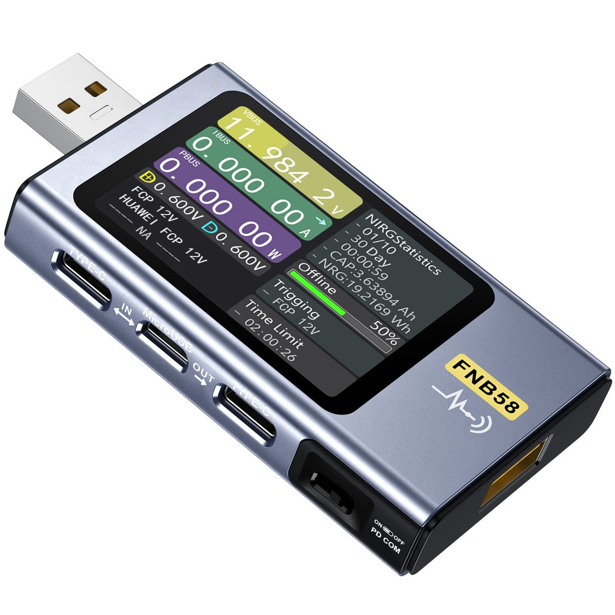 FNIRSI FNB58 front view with LCD display for quick measurements