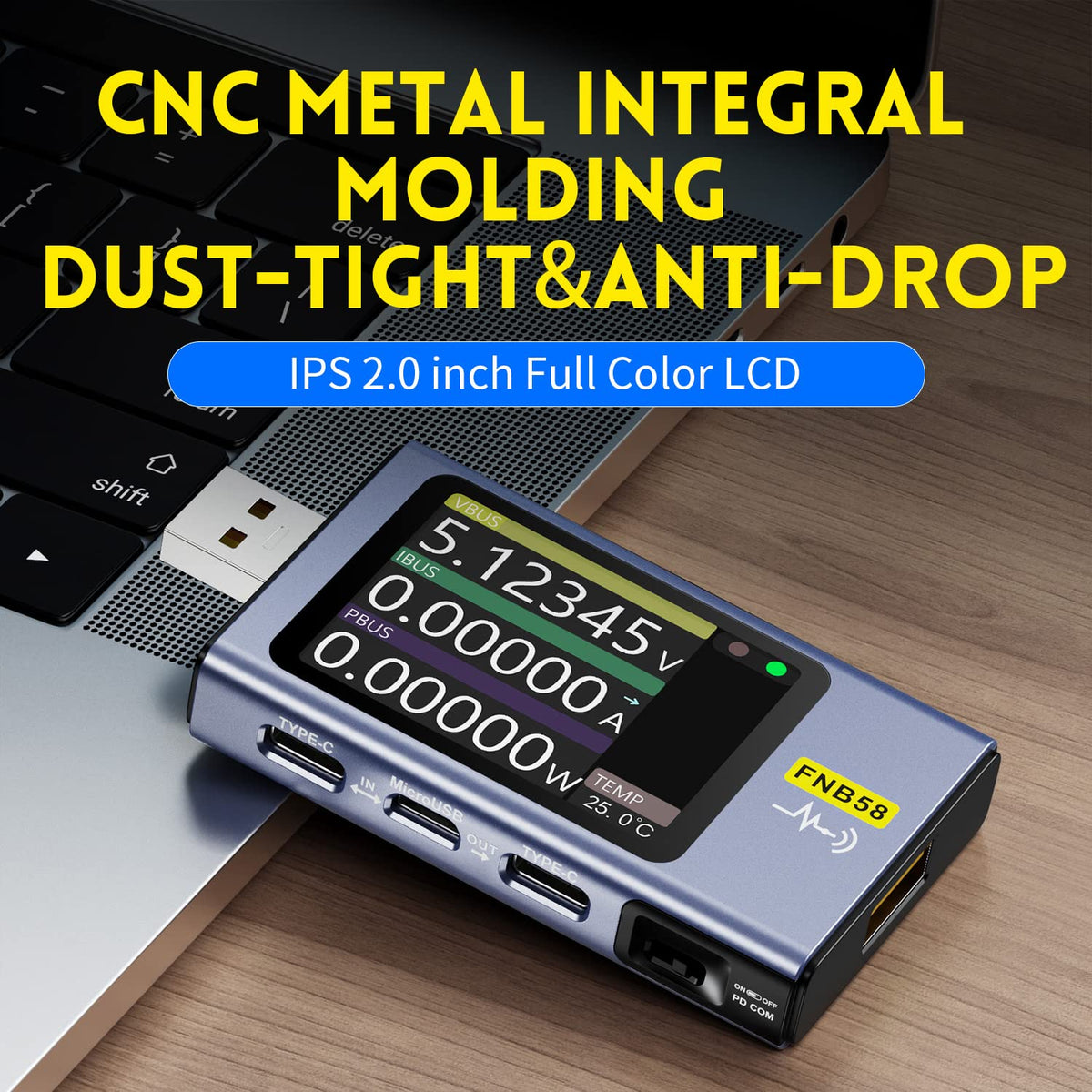 FNIRSI FNB58 micro USB and Type C ports for versatile testing