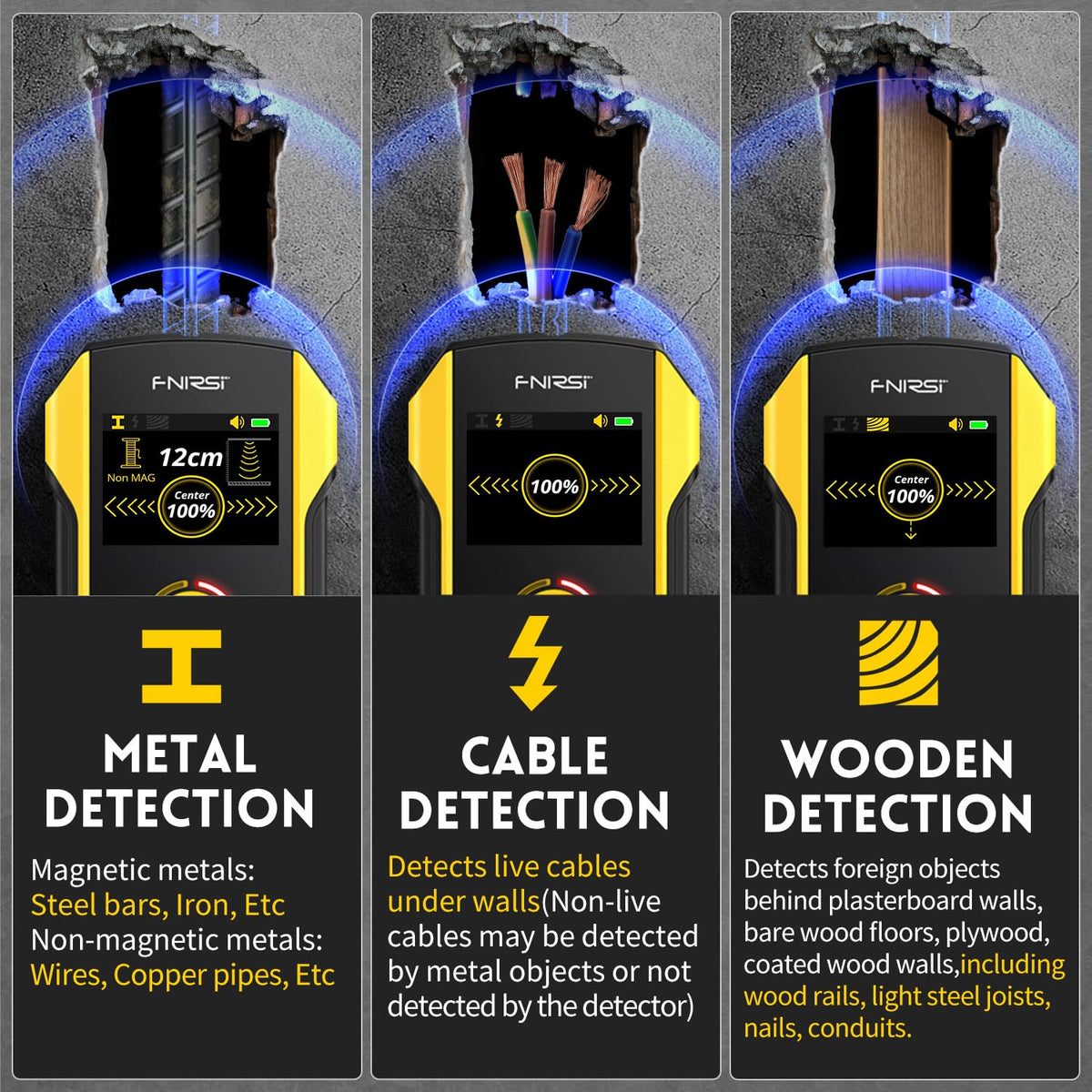 FNIRSI WD-02 stud detection highlights wood stud location for shelving and mounting