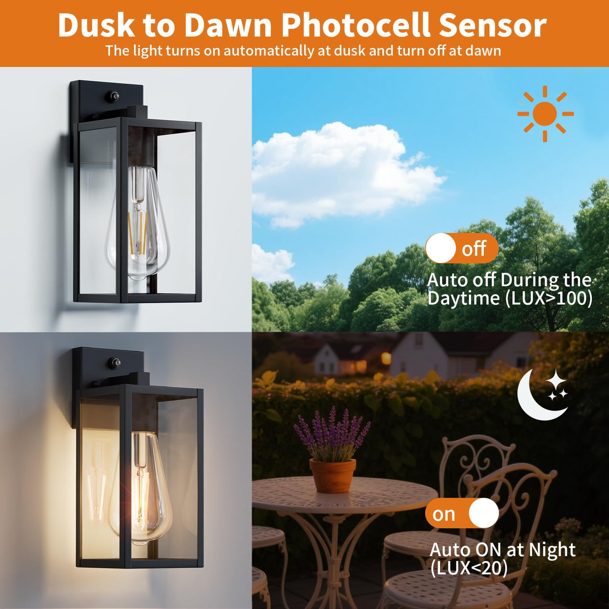 FNYUSLET dusk-to-dawn outdoor wall light for garage and entryway