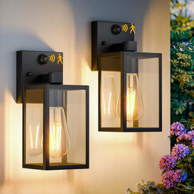 FNYUSLET motion sensor outdoor light fixture in black, front view, energy-saving illumination for evenings.