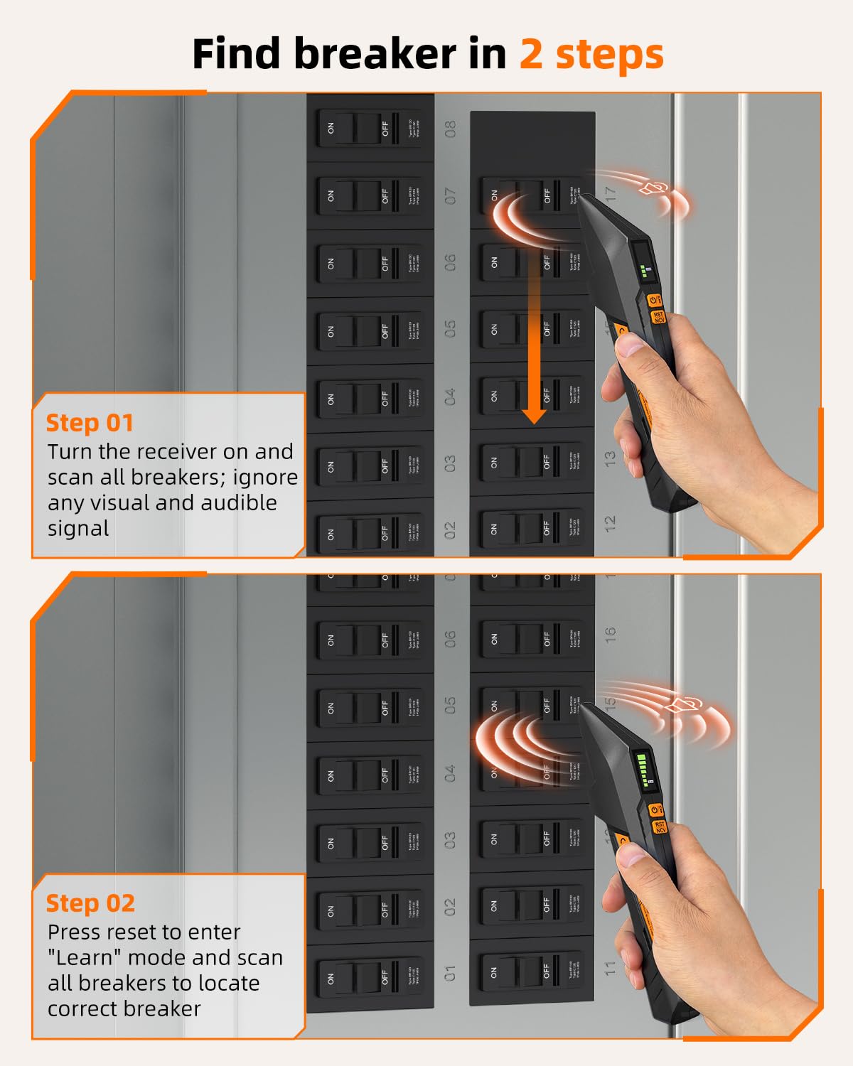 Focemta FTCT02 receiver color screen displays signal strength for quick breaker pinpointing.