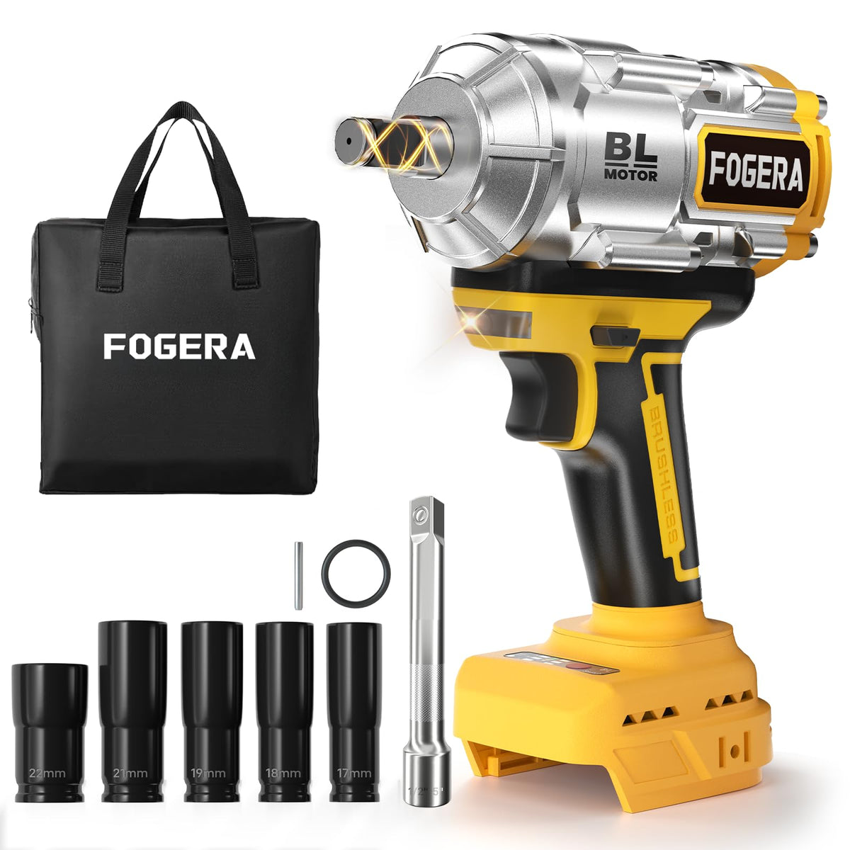 Fogera cordless impact wrench delivers 1100ftlbs torque for heavy-duty bolts in tough spots.