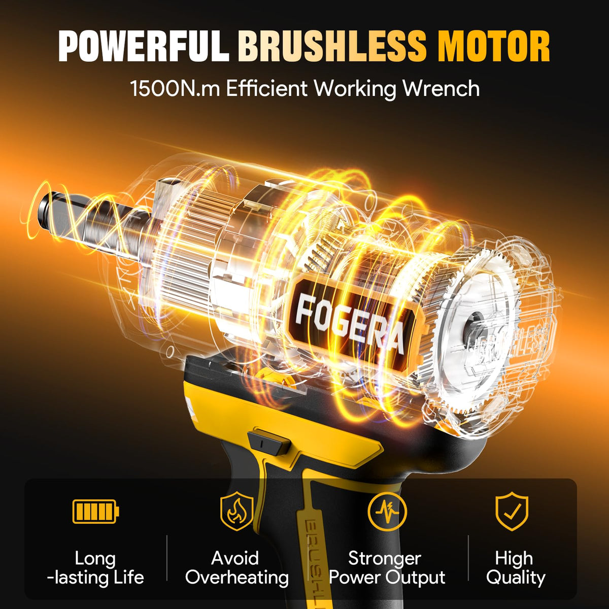Fogera impact wrench shown with Dewalt 20V battery for cordless versatility.