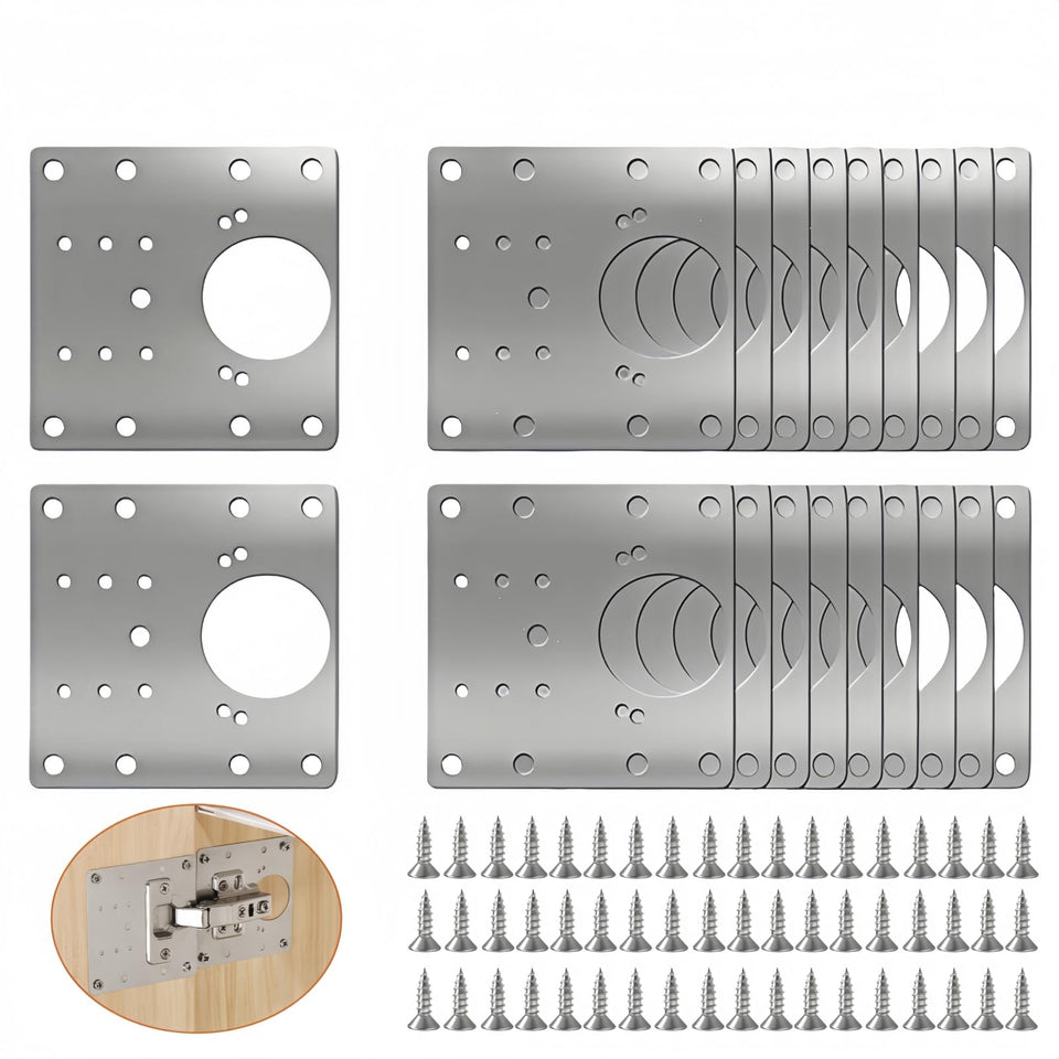 FOGZUVR hinge repair plate kit installed on a cabinet door