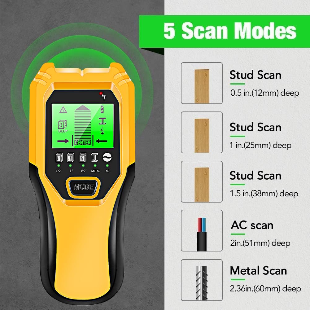 FOLAI Stud Finder Wall Scanner depth modes demonstrating 5 scan options for wood, metal, and wires.