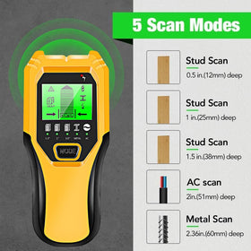 FOLAI Stud Finder Wall Scanner depth modes demonstrating 5 scan options for wood, metal, and wires.