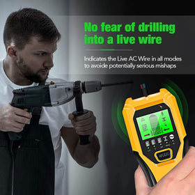 FOLAI Stud Finder Wall Scanner in use during hanging a bookshelf for precise anchor points.