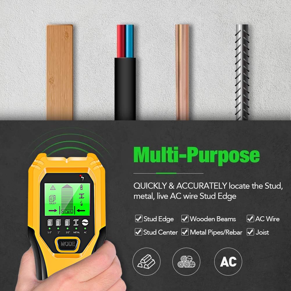FOLAI Stud Finder Wall Scanner wirewarning visible indicating live wires up to two inches away.