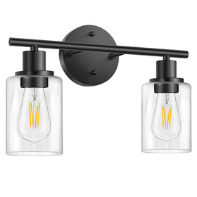Folksmate 2-light vanity fixture with matte black finish and glass shades for bright bathroom lighting