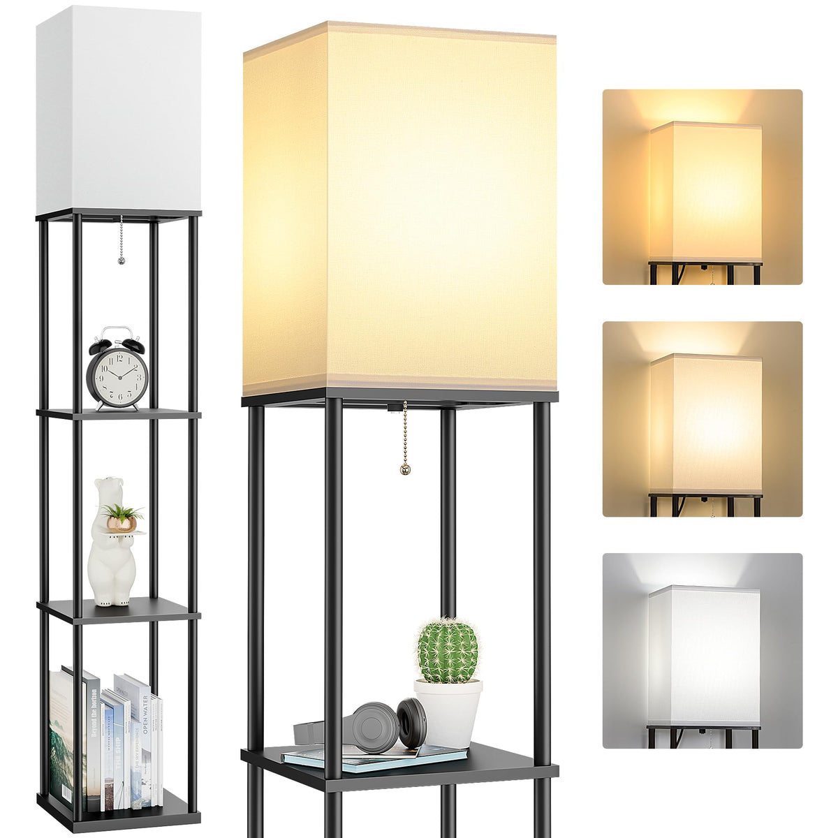 FOLKSMATE floor lamp with shelves in a modern living room setup highlighting space-saving design