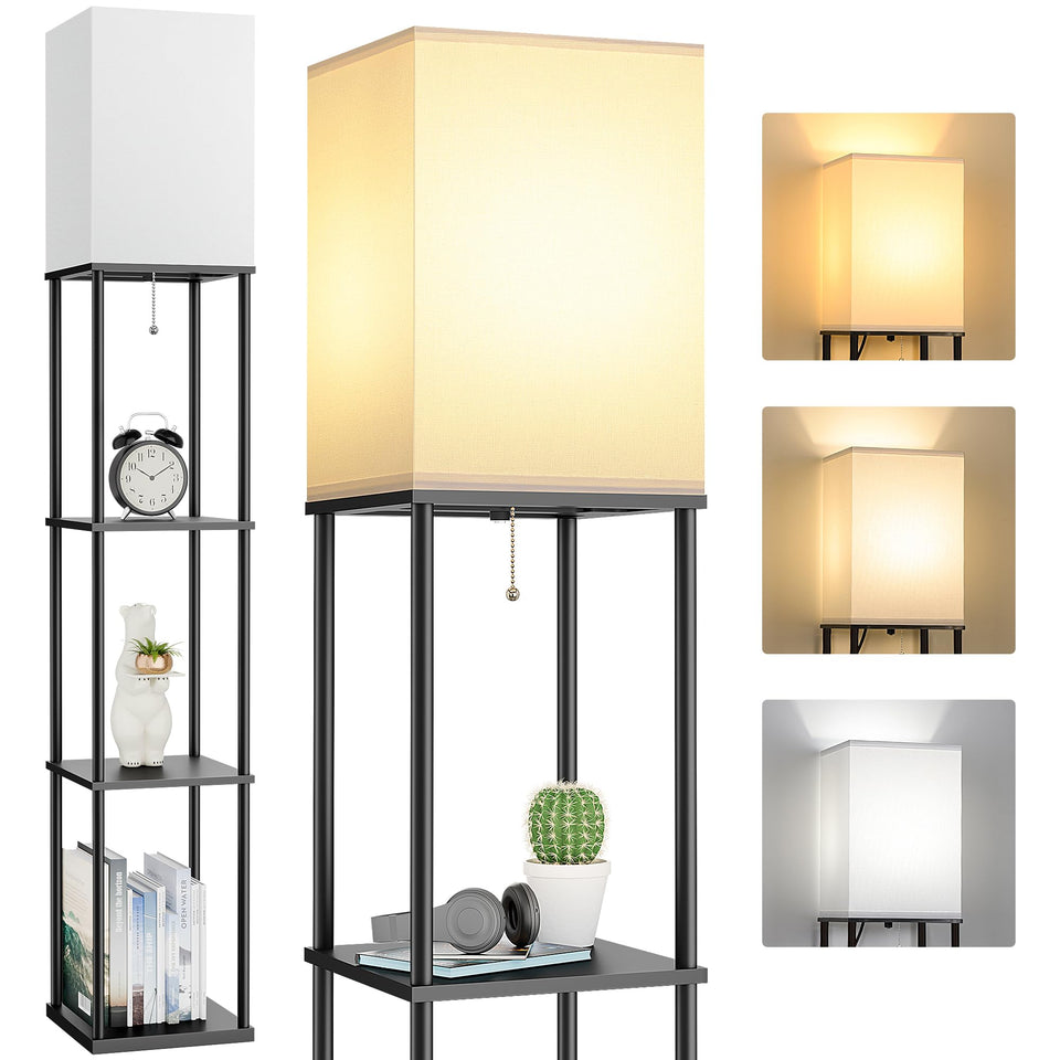 FOLKSMATE floor lamp with shelves in a modern living room setup highlighting space-saving design