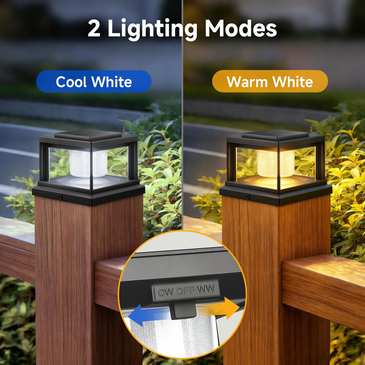 FOLKSMATE solar post cap light in cool white mode lighting a driveway
