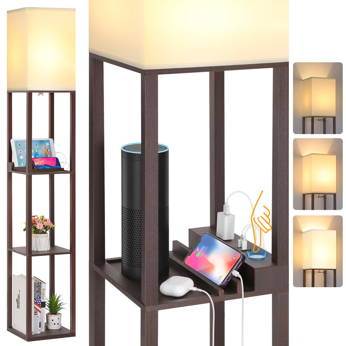 FOLKSMATE touch-control shelf floor lamp with dimmable light for living rooms