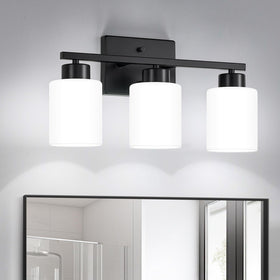 FonmYim 3-light vanity light front view shows balanced illumination with black finish and milky glass.