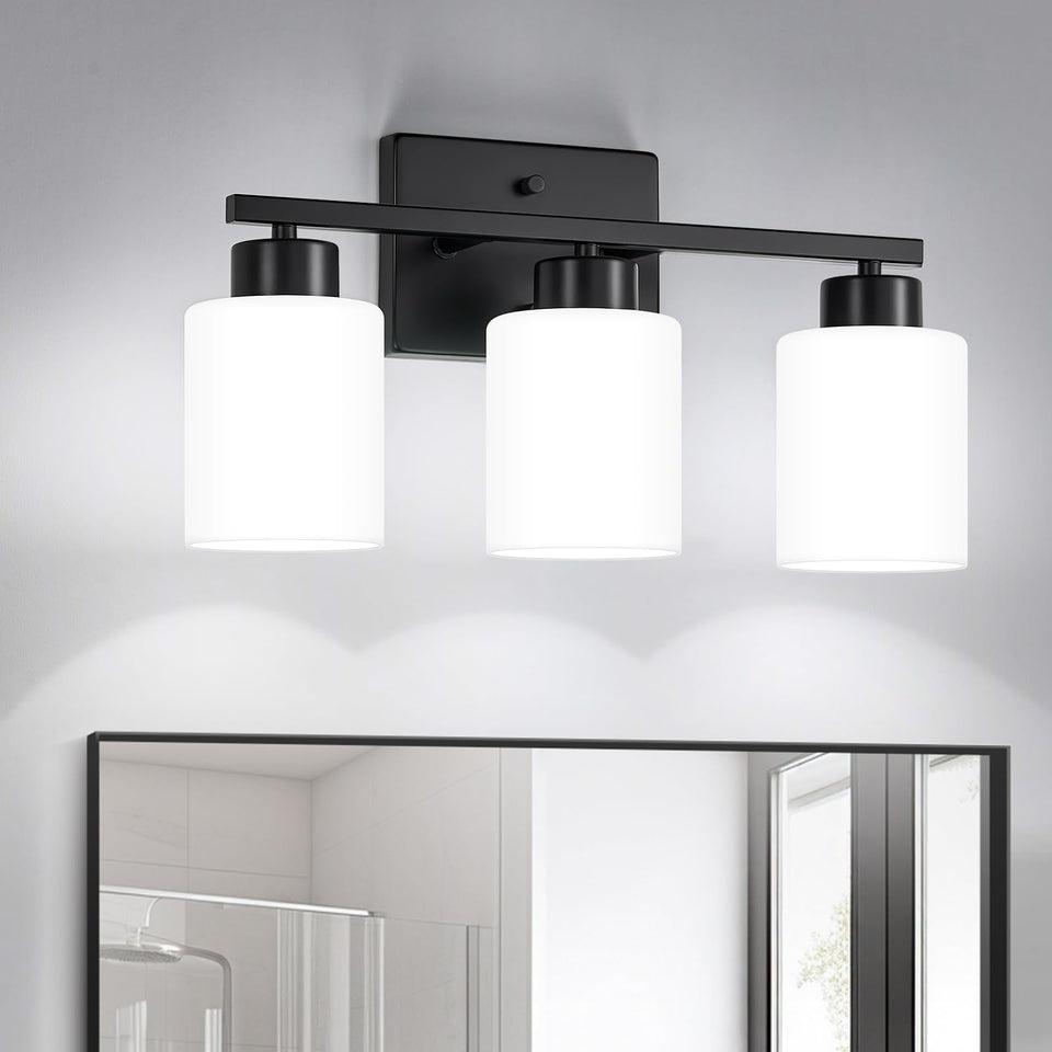 FonmYim 3-light vanity light front view shows balanced illumination with black finish and milky glass.