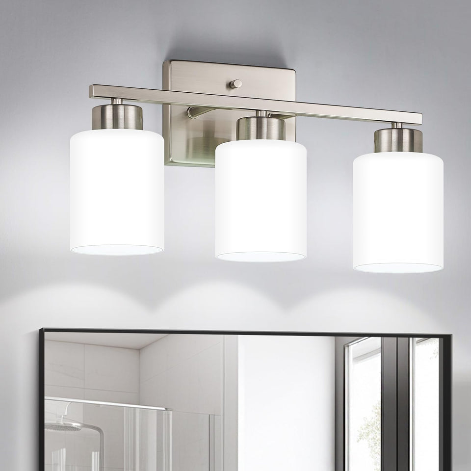 FonmYim vanity light with brushed nickel finish and glass shade for balanced vanity illumination.