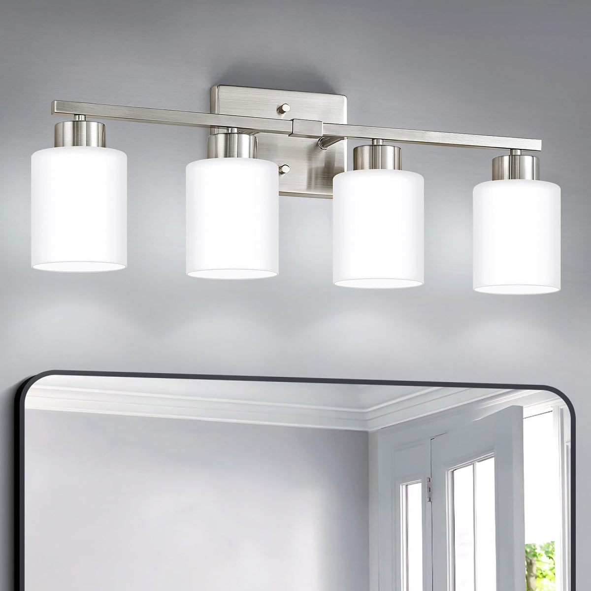 FonmYim brushed nickel 4-light vanity over mirror for even bathroom illumination.