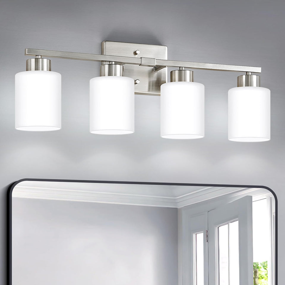 FonmYim brushed nickel 4-light vanity over mirror for even bathroom illumination.