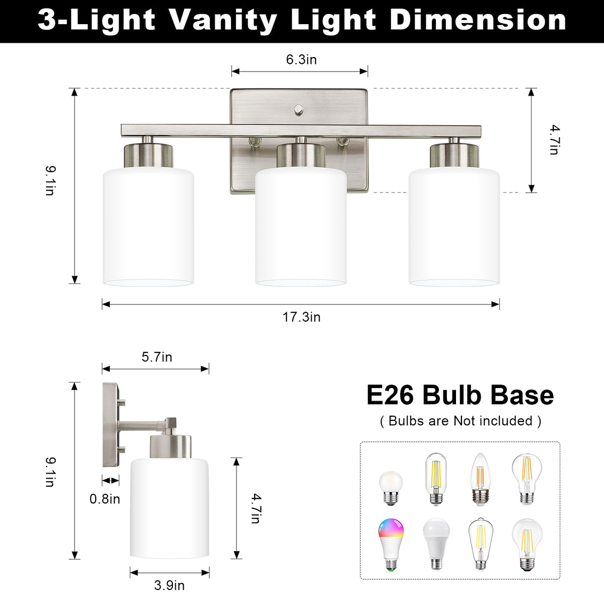 FonmYim vanity light showing E26 socket compatibility for various bulbs.