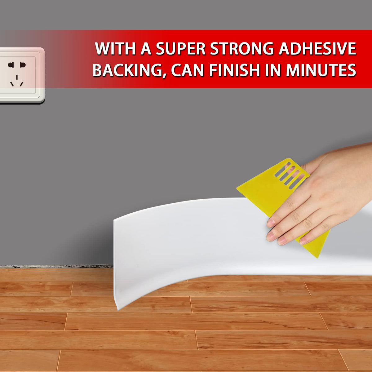 FONUNO peel-and-stick baseboard applied with roller for a smooth fit