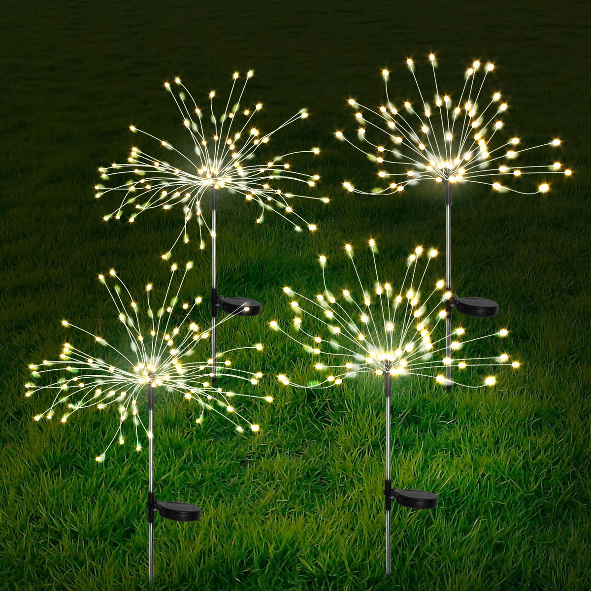 FOOING solar firework lights illuminate the garden setup with a warm ambient glow.