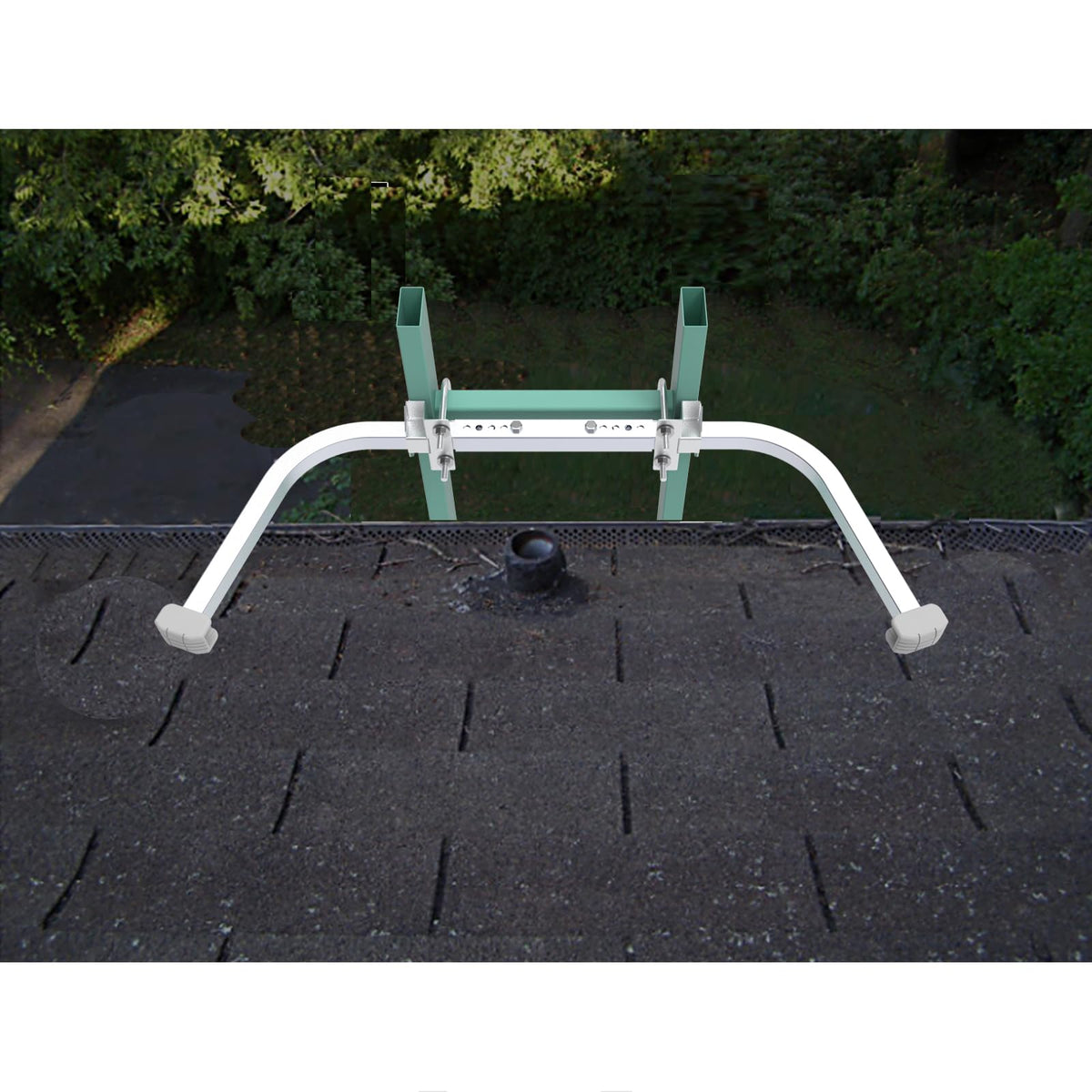 Foozet Ladder Stabilizer aiding roof and gutter work scenarios
