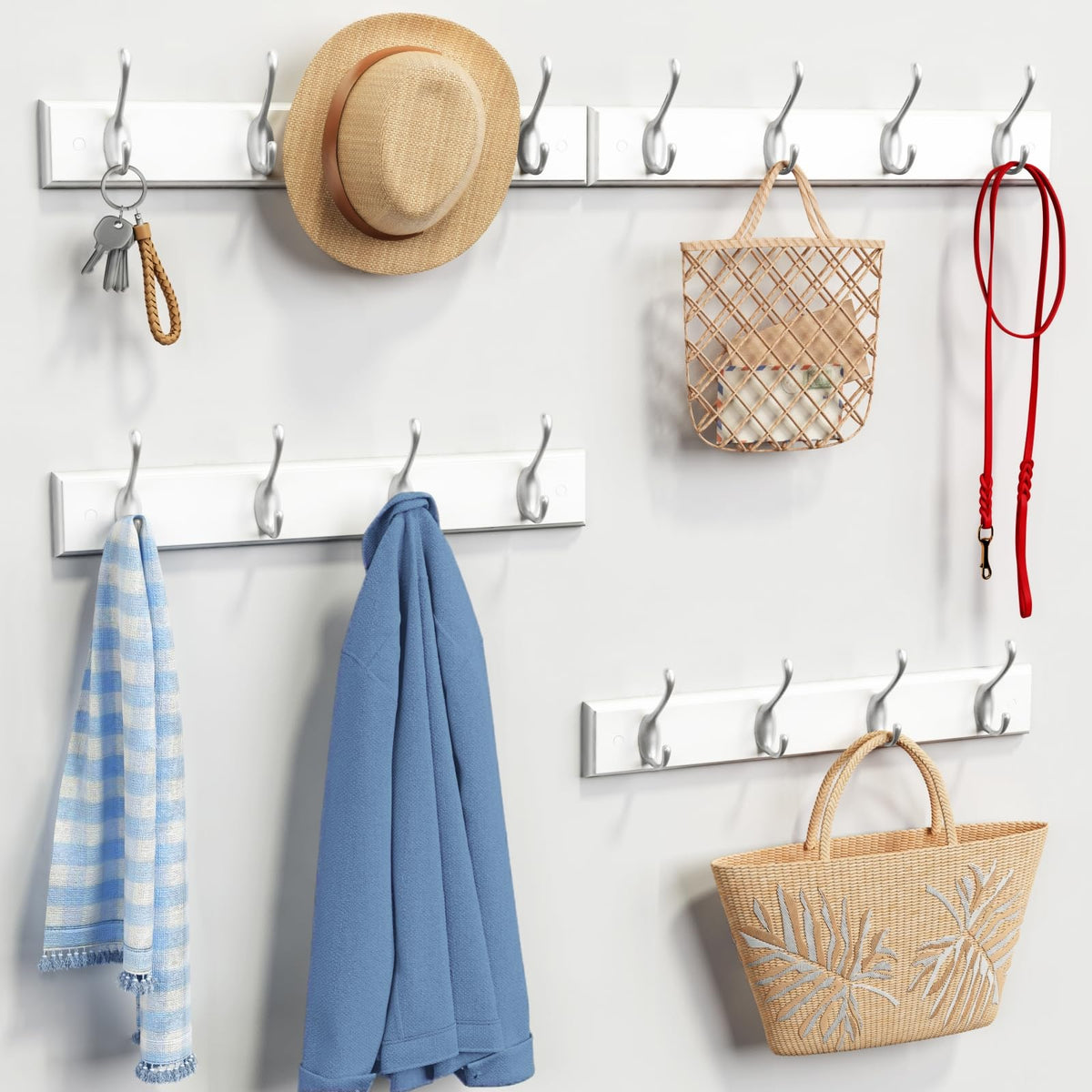 Forbena white wood rack with four hooks and modern finish
