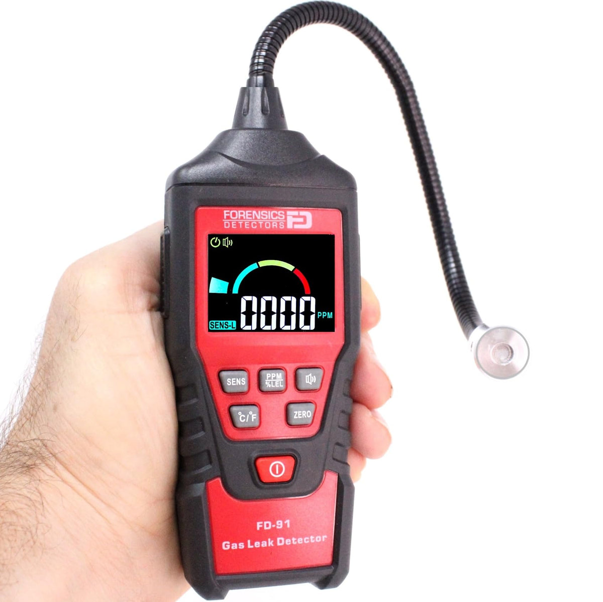 Forensics Detectors FD gas-leak-detector front view with clear readings for quick inspections.