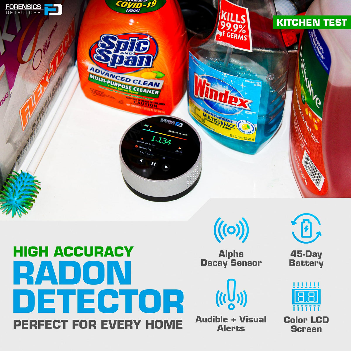 FORENSICS DETECTORS FD Radon Detector in use at home demonstrates easy monitoring.
