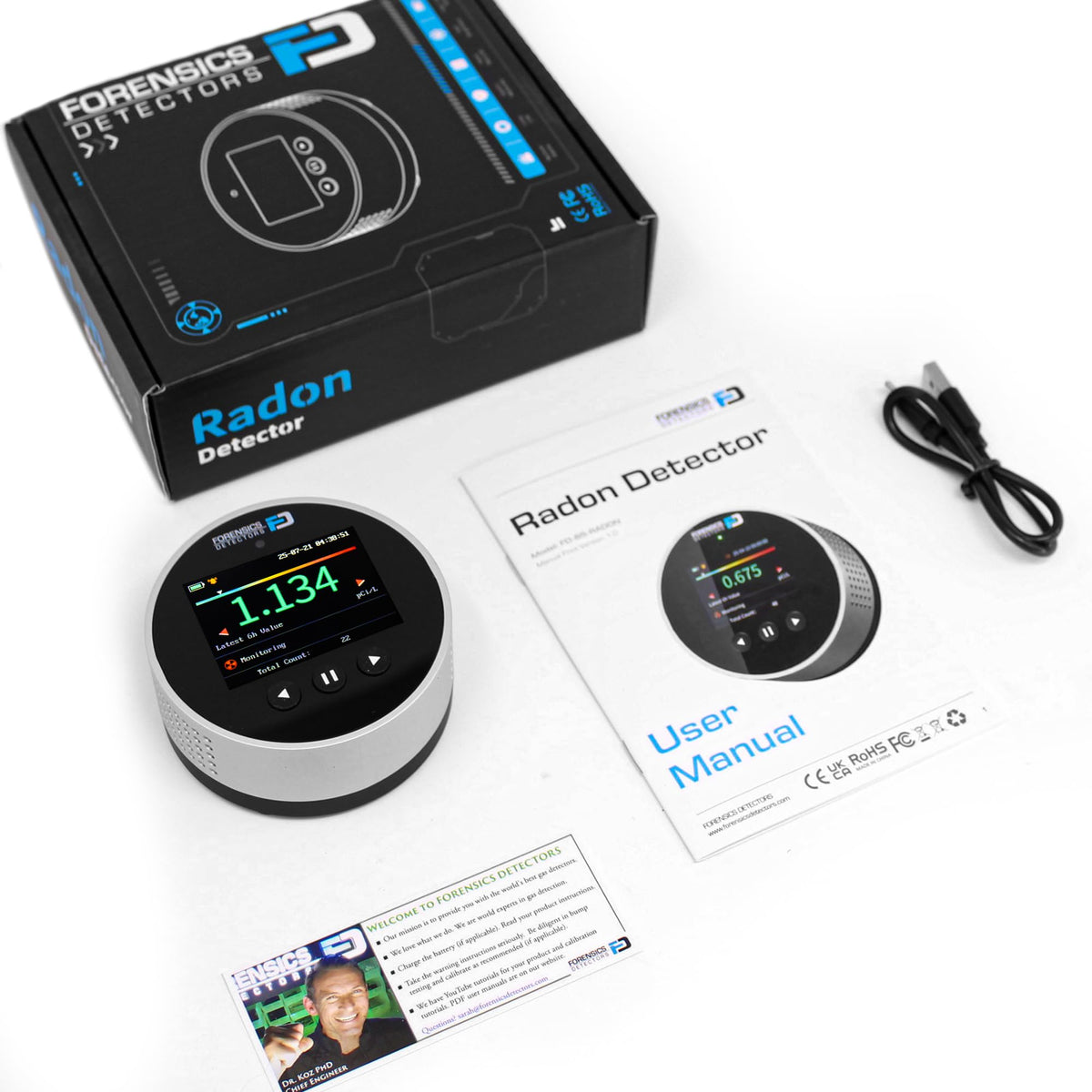 FORENSICS DETECTORS FD Radon Detector packaging box ready for quick setup.