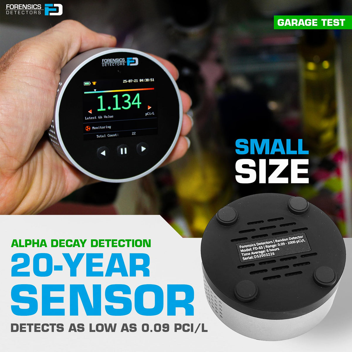 FORENSICS DETECTORS FD Radon Detector side view highlights compact, unobtrusive home placement.