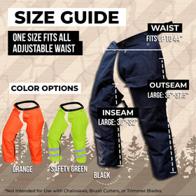 FORESTER trimmer chaps with adjustable waist belt for universal fit.