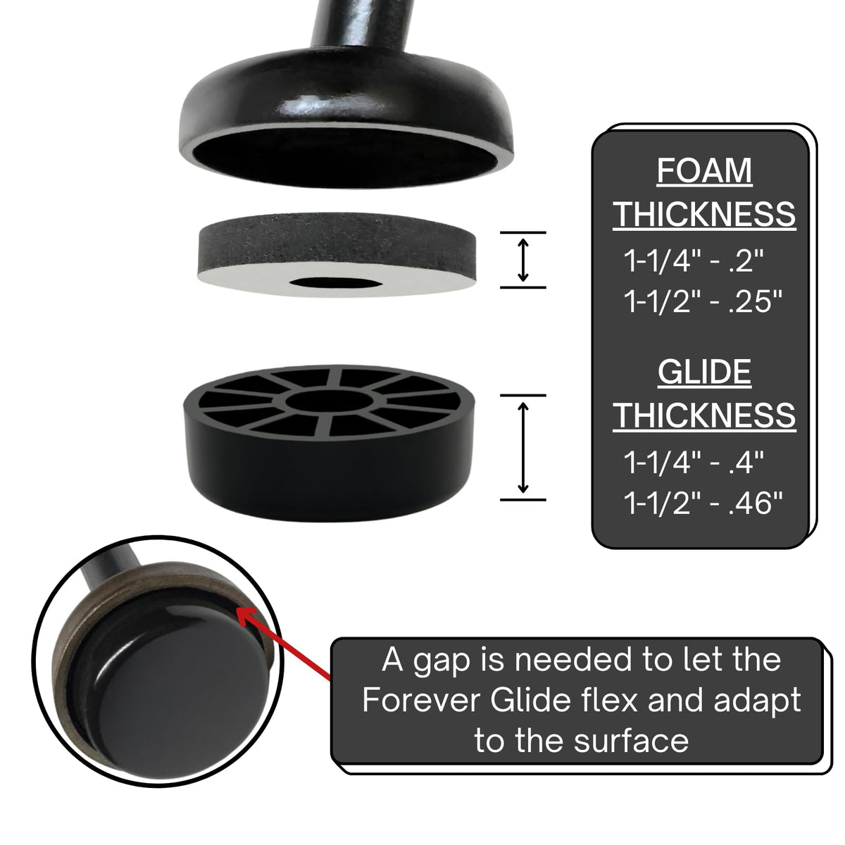 Forever Glides Delrin resin glide, durable for outdoor use.